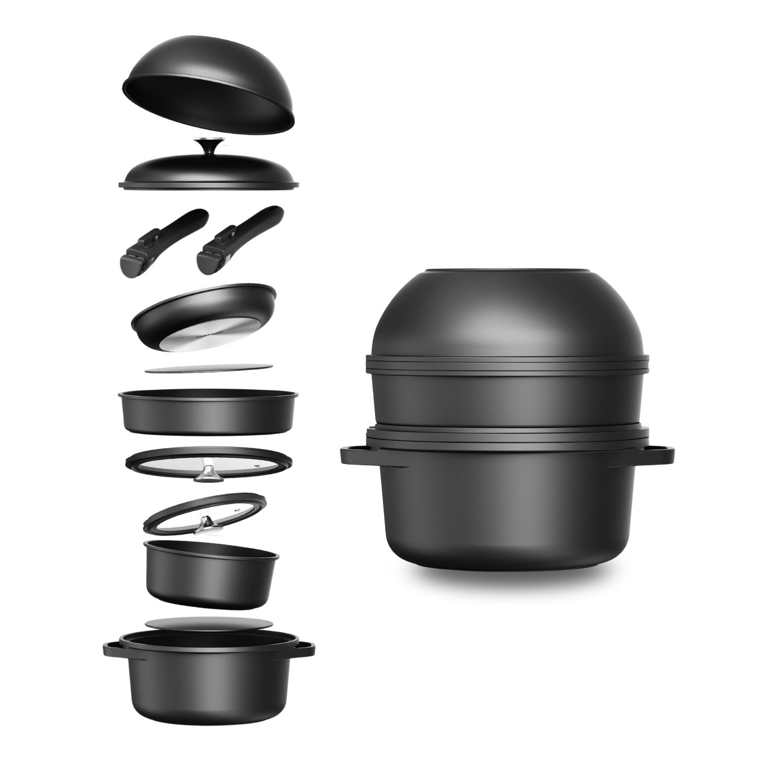 CuliStackProPannenset12-deligstapelbaarsysteemmetafneembarehandvattenendeksel_uitgeklaptenopgestapeldweergegeven_1